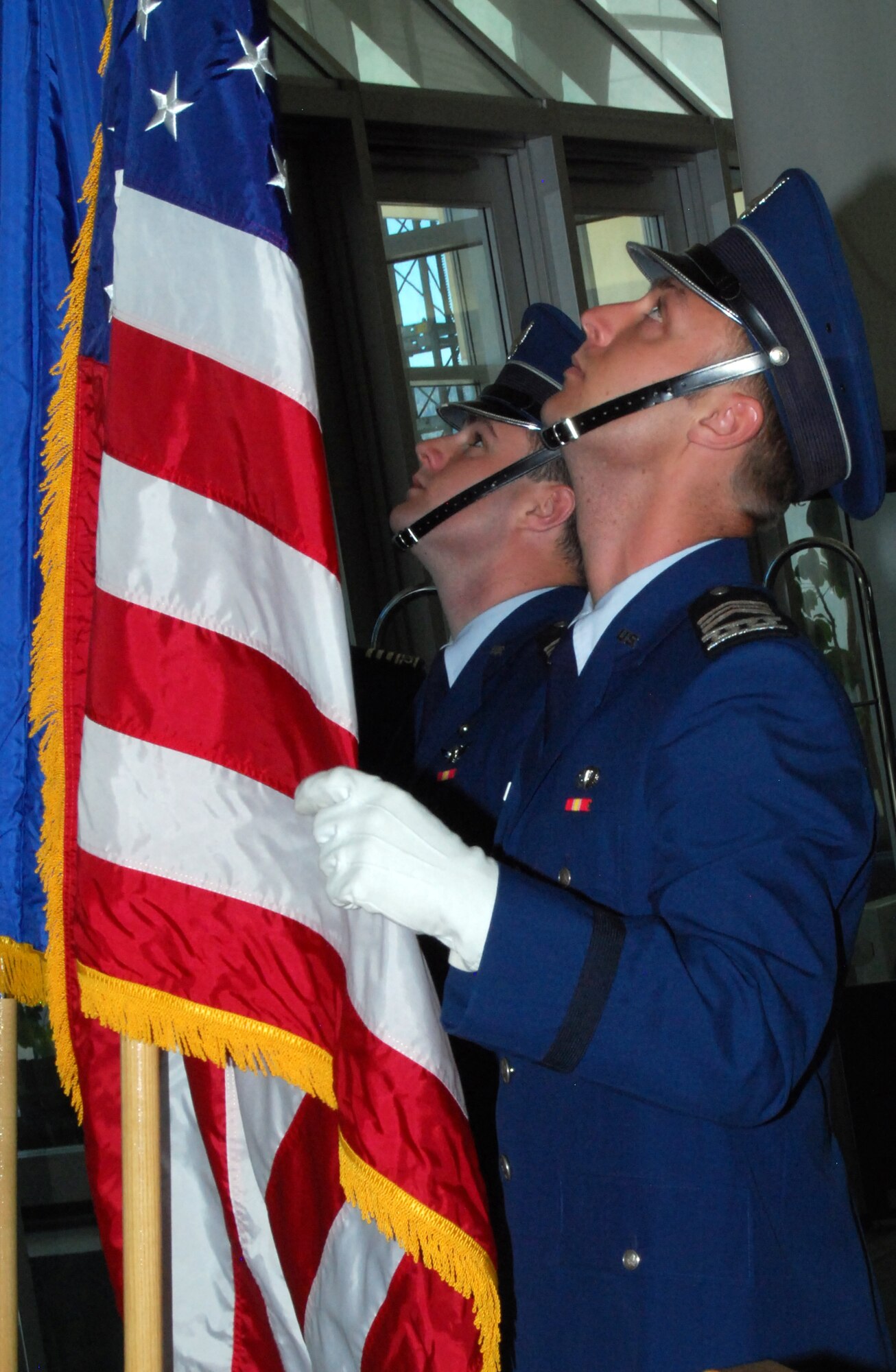 Members of the Cadet Wing Honor Guard at the Air Force Academy post the colors for the inaugural Lieutenant Roslyn Schulte Cadet Character and Leadership Award ceremony in the Academy's McDermott Library May 25, 2010. The award, named in honor of 2006 graduate 1st Lt. Roslyn Schulte, recognizes the senior cadet who best exemplifies the Air Force core values of Integrity First, Service Before Self and Excellence in All We Do. Lieutenant Schulte was killed May 20, 2009, by a roadside bomb near Kabul, Afghanistan. (U.S. Air Force photo/Staff Sgt. Don Branum)