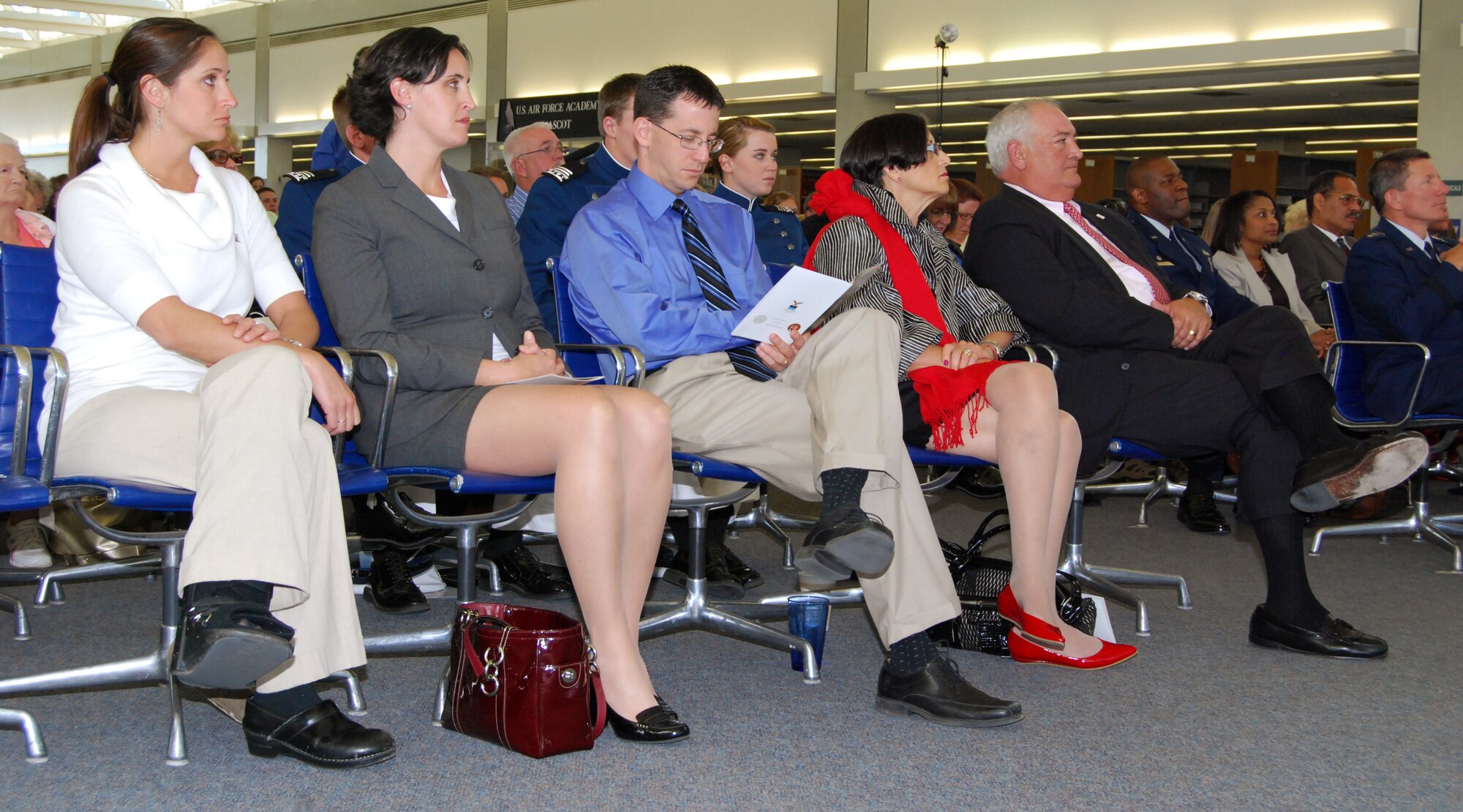 Members of 1st Lt. Roslyn Schulte's family attend the inaugural Lieutenant Roslyn Schulte Cadet Character and Leadership Award in the Air Force Academy's McDermott Library May 25, 2010. Pictured, from right, are Lieutenant Schulte's parents, Bob and Susie Schulte, and her cousins, Neil, Sarah and Jessica Littman. The award recognizes the senior cadet who best exemplifies the Air Force core values. (U.S. Air Force photo/Staff Sgt. Don Branum)