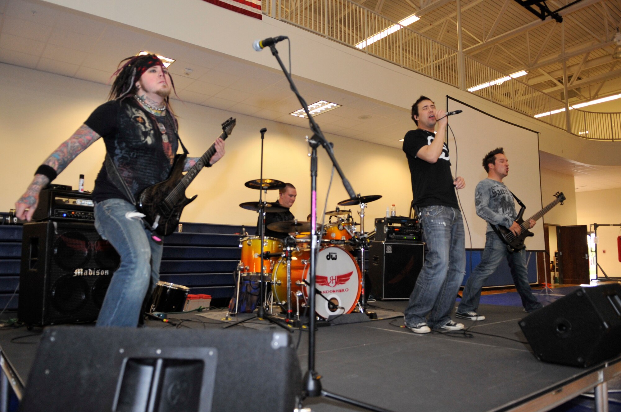 BUCKLEY AIR FORCE BASE, Colo. -- Local band Random Hero performs their song "Guardians of Freedom" during the Guardian Challenge pep rally May 14. Though "Guardians of Freedom" was written for Team Buckley's Guardian Challenge team, three of four members of Random Hero are not affiliated with the United States Air Force. (U.S. Air Force photo by Airman 1st Class Paul Labbe)