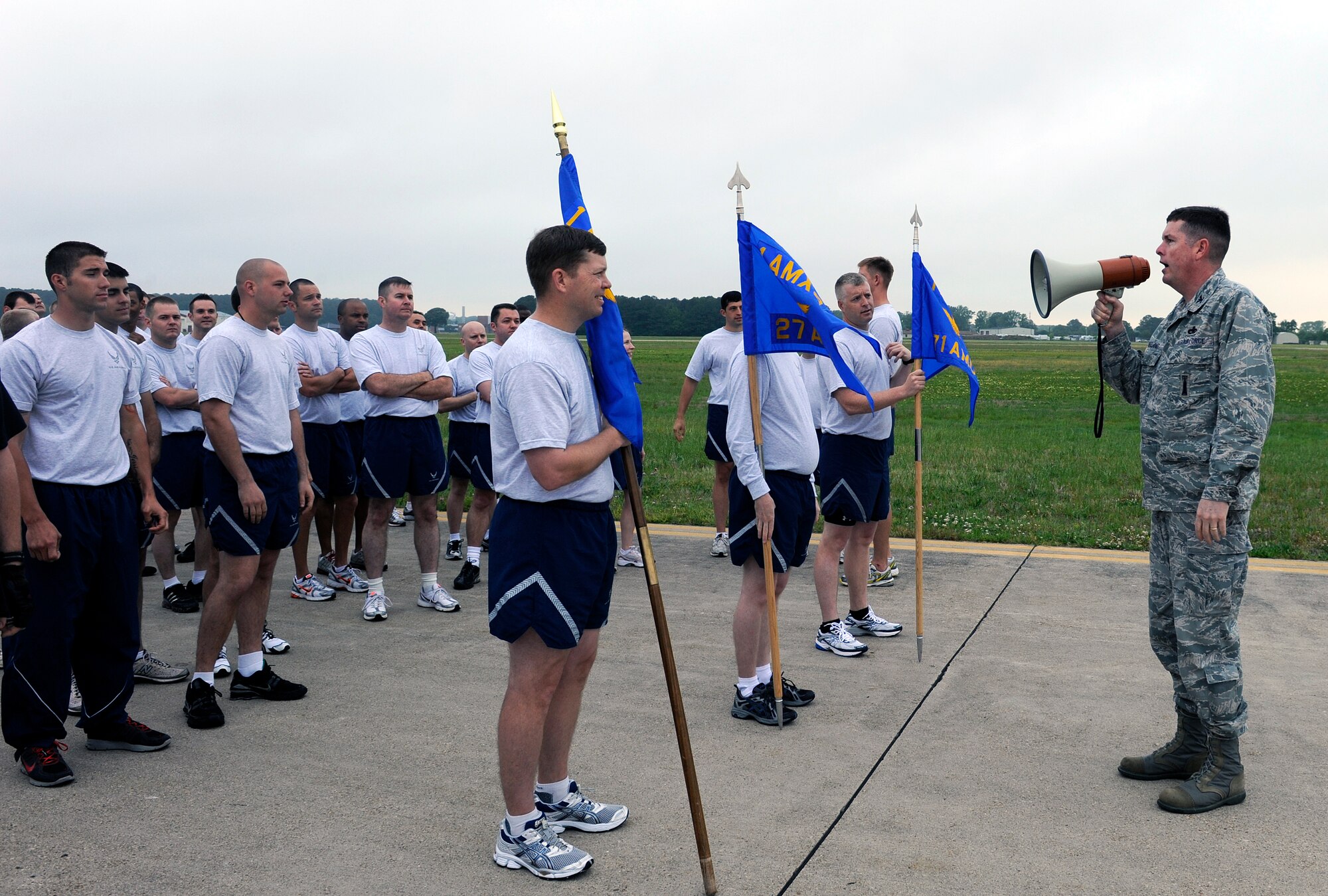 LANGLEY AIR FORCE BASE, Va. -- Col. Donald Kirkland, 633d Air Base Wing commander, speaks to Airmen before the Wingman Day fun run May 14. The 1.5-mile run on the flightline kicked off the day of events, filled with a variety of activities focusing on safety, alcohol and suicide awareness. (U.S. Air Force photo/Airman 1st Class Gul Crockett)