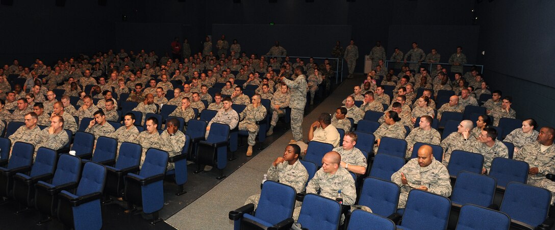 LANGLEY AIR FORCE BASE, Va. -- Airmen engage in a question and answer session following a presentation at the base theater May 14. The presentation was part of the Air Combat Command Road Show, a command-wide tour designed to stress the importance of safety and the wingman concept while entertaining Airmen. (U.S. Air Force photo/Airman 1st Class Gul Crockett)