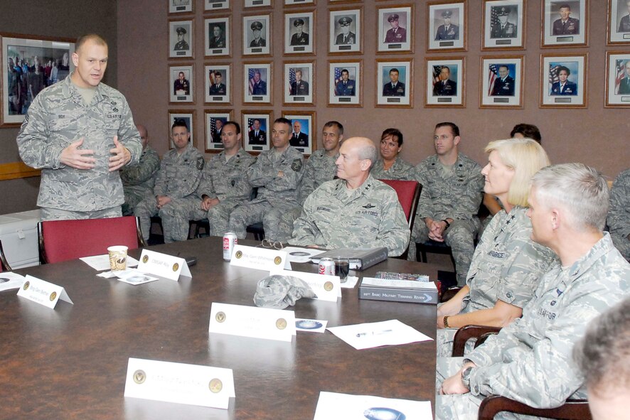 Chief Master Sergeant of the Air Force James A. Roy speaks to Air Education and Training Command leaders during the 22nd Basic Military Training Triennial Review outbrief May 14, 2010, at Lackland Air Force Base, Texas. (U.S. Air Force photo/Alan Boedeker)