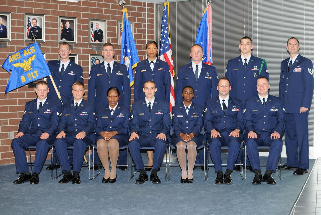 McGHEE TYSON AIR NATIONAL GUARD BASE, Tenn. -- Airman Leadership School Class 10-3, B-Flight, gathers at The I.G. Brown Air National Guard Training and Education Center here, April 23, 2010. Pictured (L-R front row) are Senior Airman Tanner D. Pry; Senior Airman Michael A. Lynch; Senior Airman Neisha N. Nixon; Senior Airman Mark W. Jandreau, II; Senior Airman Stephanie Y. Cable; Senior Airman Ty J. Stebbins; Senior Airman Bryce A. Hensley; (L-R back row) Senior Airman Andrew J. Appelhanz; Senior Airman Jeffery A. Sawrie; Senior Airman Latoya E. Carter; Senior Airman Christopher R. Terrell; Senior Airman Jimmy P. Steube; and Tech. Sgt. Cable Rose, instructor. (U.S. Air Force photo by Master Sgt. Kurt Skoglund/Released)