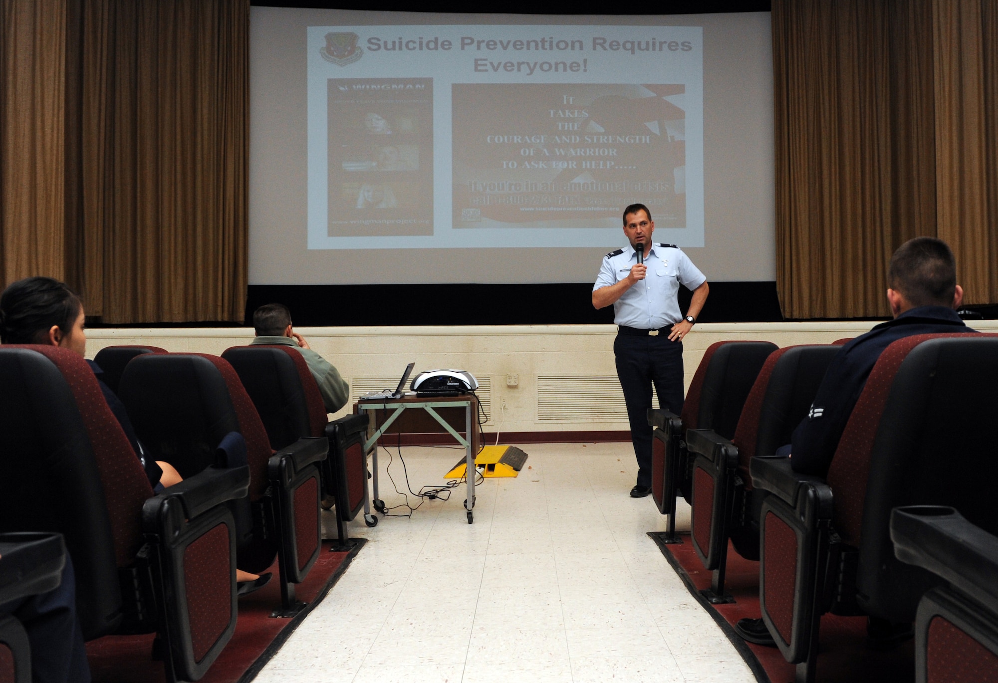 MOUNTAIN HOME AIR FORCE BASE, Idaho –Col. Kevin Connolly, 366th Medical Group commander, speaks to Airmen during a safety brief at the base theater as part of Wing Safety Day, May 24. The event included more than 20 local safety vendors, unit briefings, and a safety brief at the base theater.  Activities at Holt Park included:  “Jaws of Life” vehicle extractions, child car seat checks, mock sobriety tests, golf cart driving with DUI goggles, Parks and Recreation/Fish and Game displays and many more. Wing Safety day was intended to stress the importance of preventing mishaps while reviewing basic safety procedures to help decrease the risk of injury on and off duty. (U.S. Air Force photo by Airman 1st Class Debbie Lockhart)
