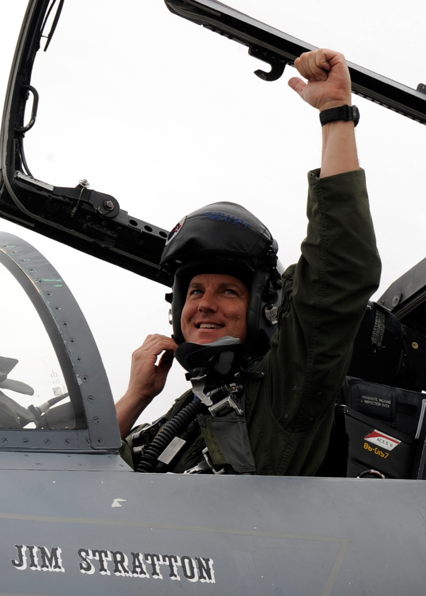 MOUNTAIN HOME AIR FORCE BASE, Idaho – Seated in his F-15C Eagle, Lt. Col. Jim Stratton, commander of the 390th Fighter Squadron Wild Boars give a “ready to go” prior to a final flight tribute over Idaho May 21. The squadron has been part of Mountain Home since 1992 with a history that dates back to World War II. (U.S. Air Force photo by Airman 1st Class Angelina Drake)