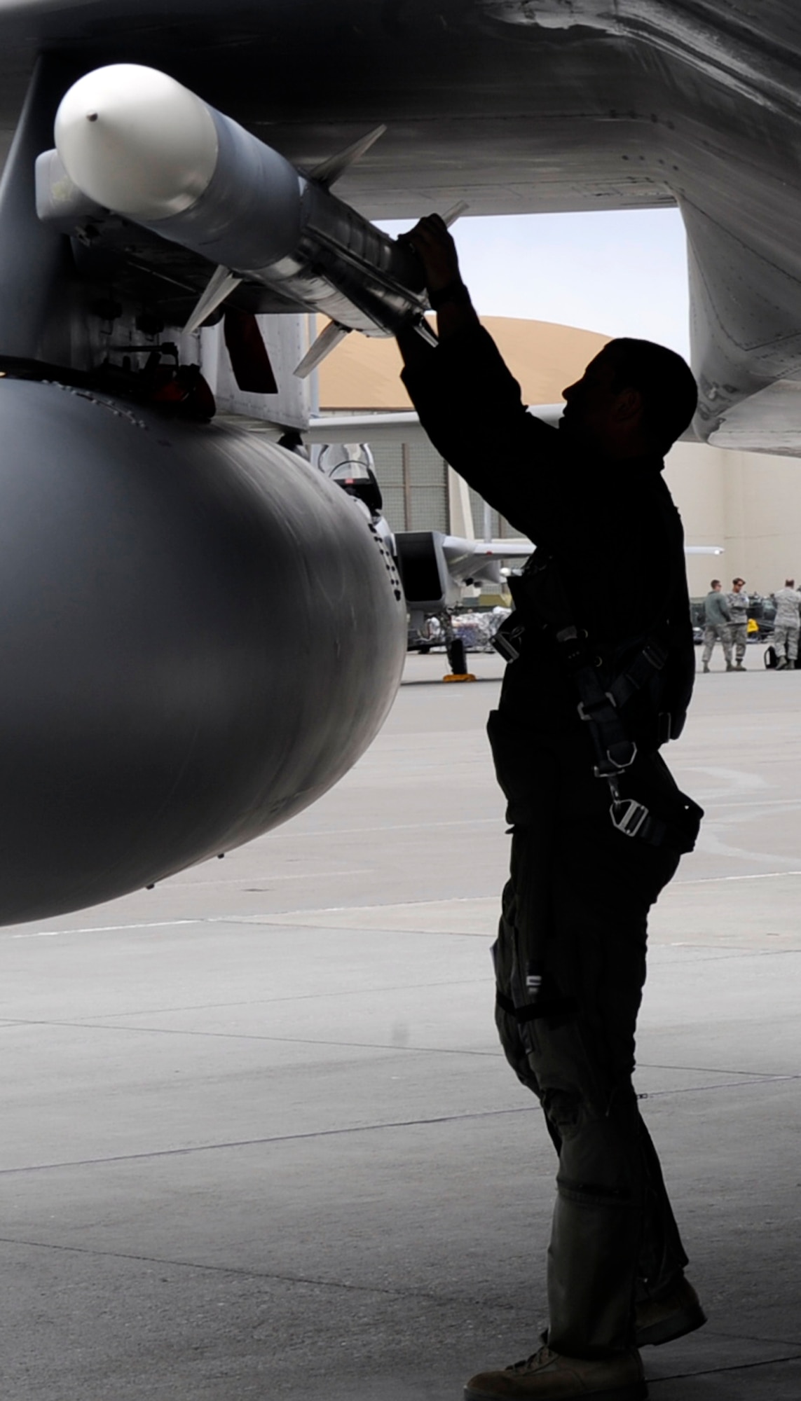 MOUNTAIN HOME AIR FORCE BASE, Idaho – Performing a walk around per-flight inspection of his F-15C Eagle, Lt. Col. Jim Stratton, commander of the 390th Fighter Squadron Wild Boars, gets ready for a final flight tribute over Idaho May 21. The squadron has been part of Mountain Home since 1992 with a history that dates back to World War II. (U.S. Air Force photo by Airman 1st Class Angelina Drake)