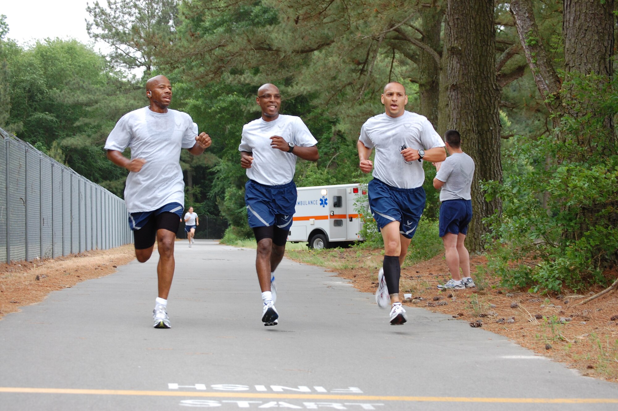 Reservists from the 916th Security Forces Squadron make fitness a priority by participating in the wing's semi-annual warrior run. (USAF photo by TSgt. Ian Gardner, 916OSS)