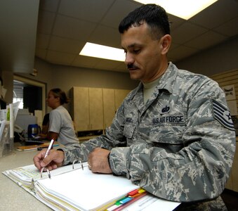 Tech. Sgt. Alexander Oritz records the maintenance work he did in a log book at the Fitness and Sports Center on Joint Base Charleston, S.C., May 24, 2010. Sergeant Oritz is a reservist who is currently on a two week annual tour where he travels to a base and assists with the maintenance at different base fitness facilities around the country. Sergeant Oritz is a fitness specialist from the 482nd Force Support Squadron at Homestead Air Reserve Base, Fla. (U.S. Air Force Photo/Airman 1st Class Lauren Main)