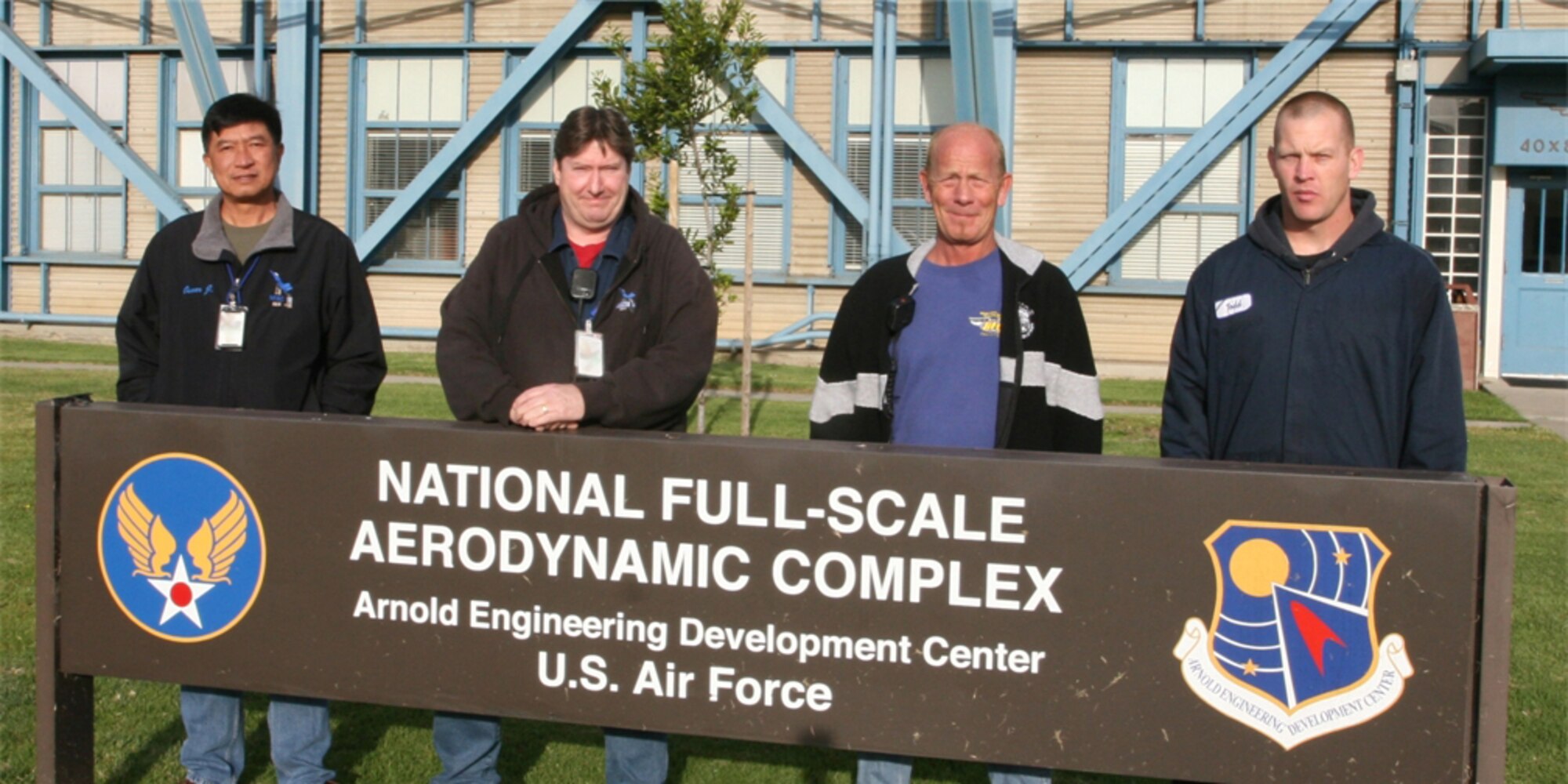 Kent Griffin (third from left) was assisted by fellow mechanics Oscar Joson, Tom Wade and Todd Fuller when he choked during lunch at AEDC’s NFAC at Moffett Field, Calif. (Photo by Jeff Law)
