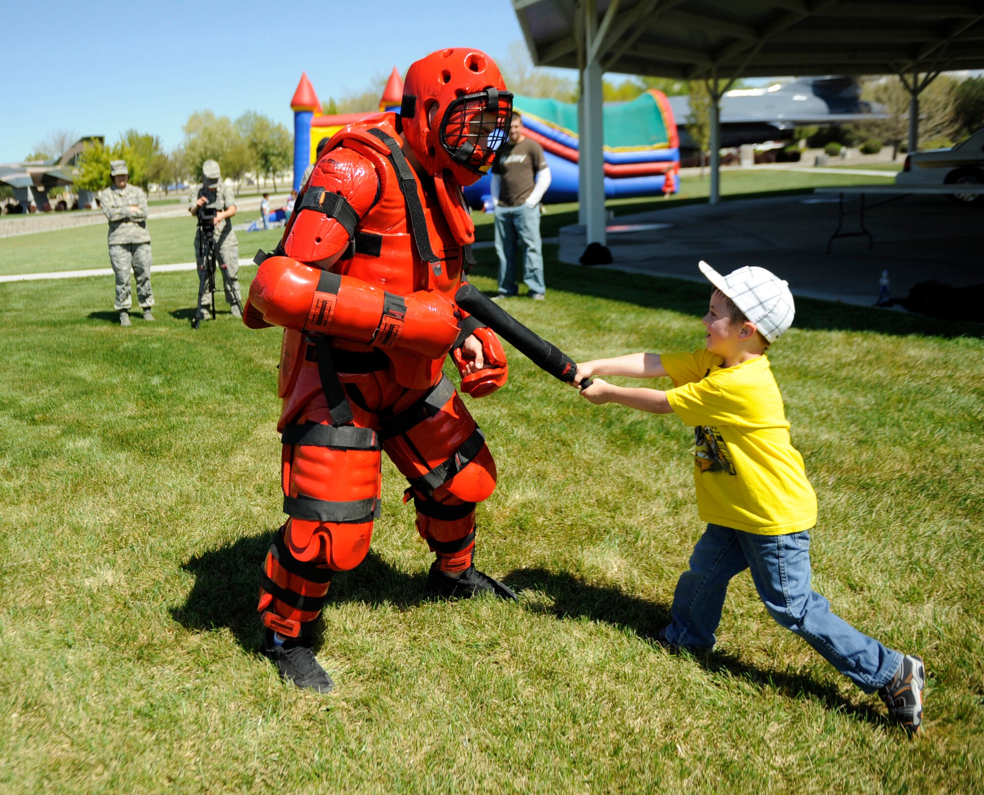 MOUNTAIN HOME AIR FORCE BASE, Idaho -- Landen Profitt, participates in the Redman use of force demonstration during National Police Week May 13. The week honors personnel in law enforcement and pays tribute to those who gave their lives while serving their community. (U.S. Air Force photo by Airman 1st Class Renishia Richardson)
