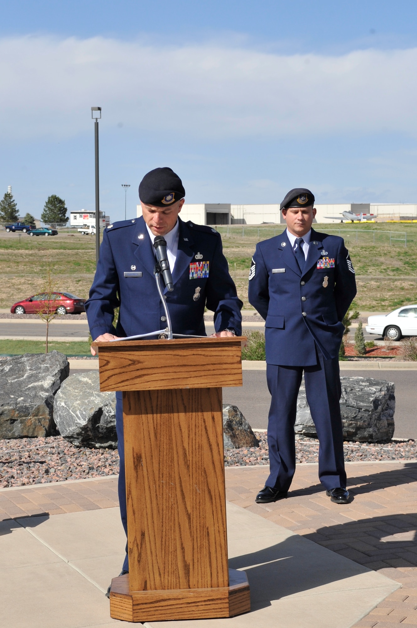BUCKLEY AIR FORCE BASE, Colo. -- Lt. Col. Matthew Borschert, 460th Security Forces Squadron commander, gives remarks at the National Police Week retreat ceremony May 10. (U.S. Air Force photo by Airman 1st Class Paul Labbe)
