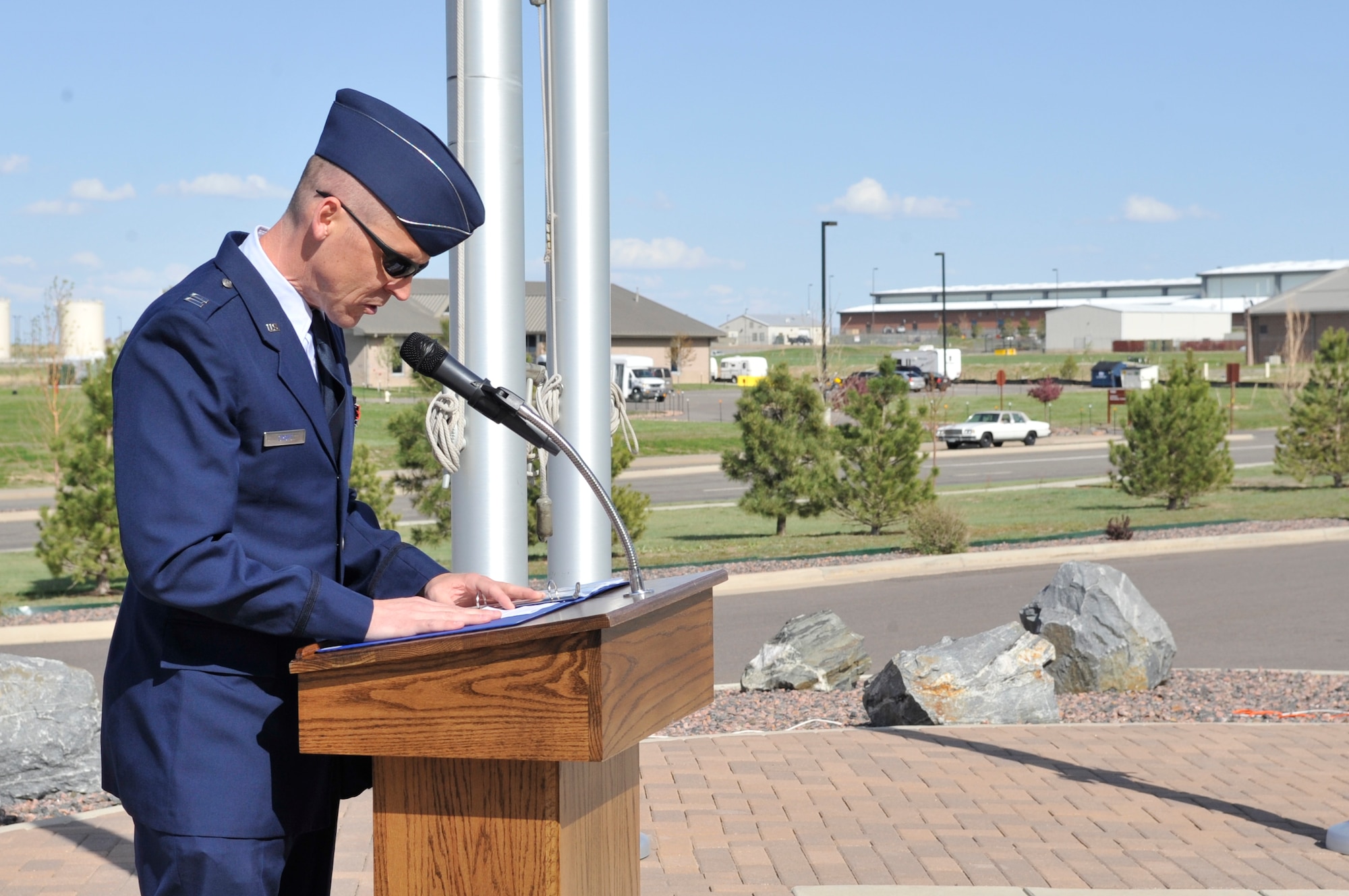 BUCKLEY AIR FORCE BASE, Colo. -- Chaplain (Capt.) Randy Croft, 460th Space Wing Chapel, gives the invocation at the National Police Week retreat ceremony May 10. (U.S. Air Force photo by Airman 1st Class Paul Labbe)
