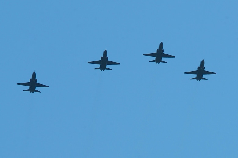 SEDALIA, Mo. - Four T-38s perform the missing man formation over the 2nd Lt. George Whiteman memorial ceremony, Saturday. The missing man formation is an aerial salute performed as part of a flyover at a funeral or memorial event, typically in memory of a fallen pilot. (U.S. Air Force photo/Airman 1st Class Carlin Leslie)
 