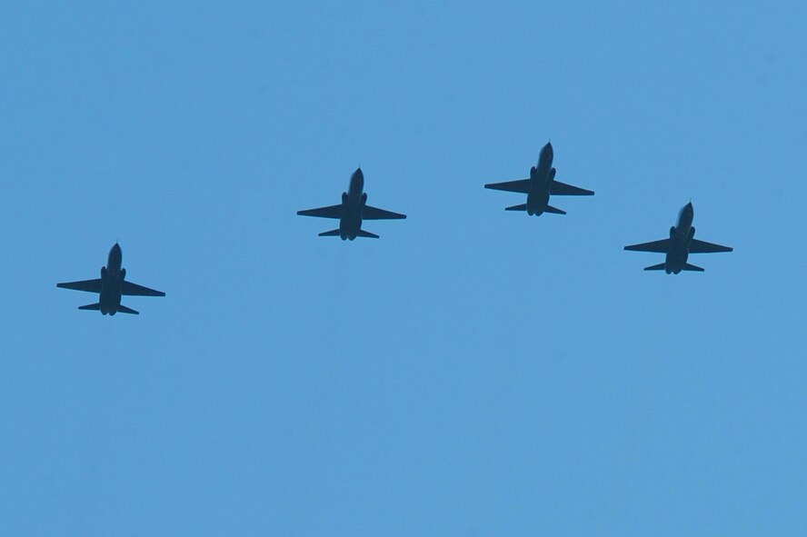 SEDALIA, Mo. - Four T-38s perform the missing man formation over the 2nd Lt. George Whiteman memorial ceremony, Saturday. The missing man formation is an aerial salute performed as part of a flyover at a funeral or memorial event, typically in memory of a fallen pilot. (U.S. Air Force photo/Airman 1st Class Carlin Leslie)
 
