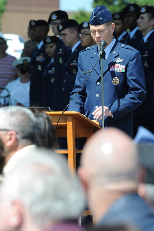 SEDALIA, Mo. - Brig. Gen. Robert Wheeler, 509th Bomb Wing commander, speaks to family members of 2nd Lt. George Whiteman and local community members at the 2nd Lt. Whiteman memorial ceremony, Saturday. (U.S. Air Force photo/Airman 1st Class Carlin Leslie)
 