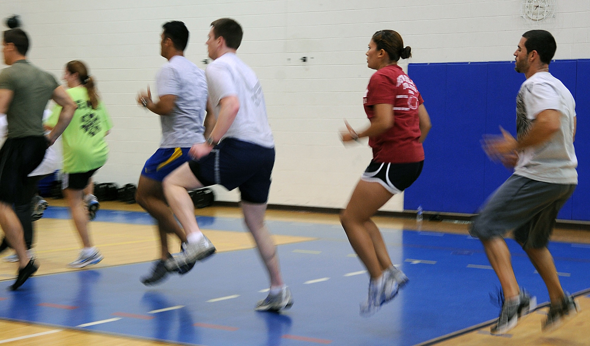 LANGLEY AIR FORCE BASE, Va. -- Team Langley members participate in Prism Sports May 18.  Prism Sports is a high intensity workout designed to develop an athlete’s power, movement biomechanics, and strength while also reducing the likelihood of non-contact injury by teaching correct exercise technique, increasing lean body mass, gaining strength and flexibility, correcting postural deviations, and developing the body’s metabolic energy system.  (U.S. Air Force Photo/Staff Sgt. Christina M. Styer)