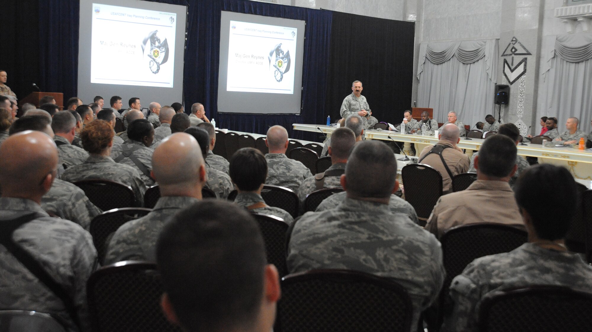 U.S. Air Force Maj. Gen. Joseph Reynes, Jr., Director, Air Component Coordination Element, provides opening remarks at the Air Force Central Command-Iraq Planning Conference at the Al Faw Palace, Camp Victory, Iraq, May 24, 2010. The purpose of the conference is to bring United States Forces-Iraq and Air Force Central Command planners together to discuss the Air Force's role during U.S. forces transition from full spectrum operations to stability operations. (U.S. Air Force photo/Master Sgt. Trish Bunting/Released))