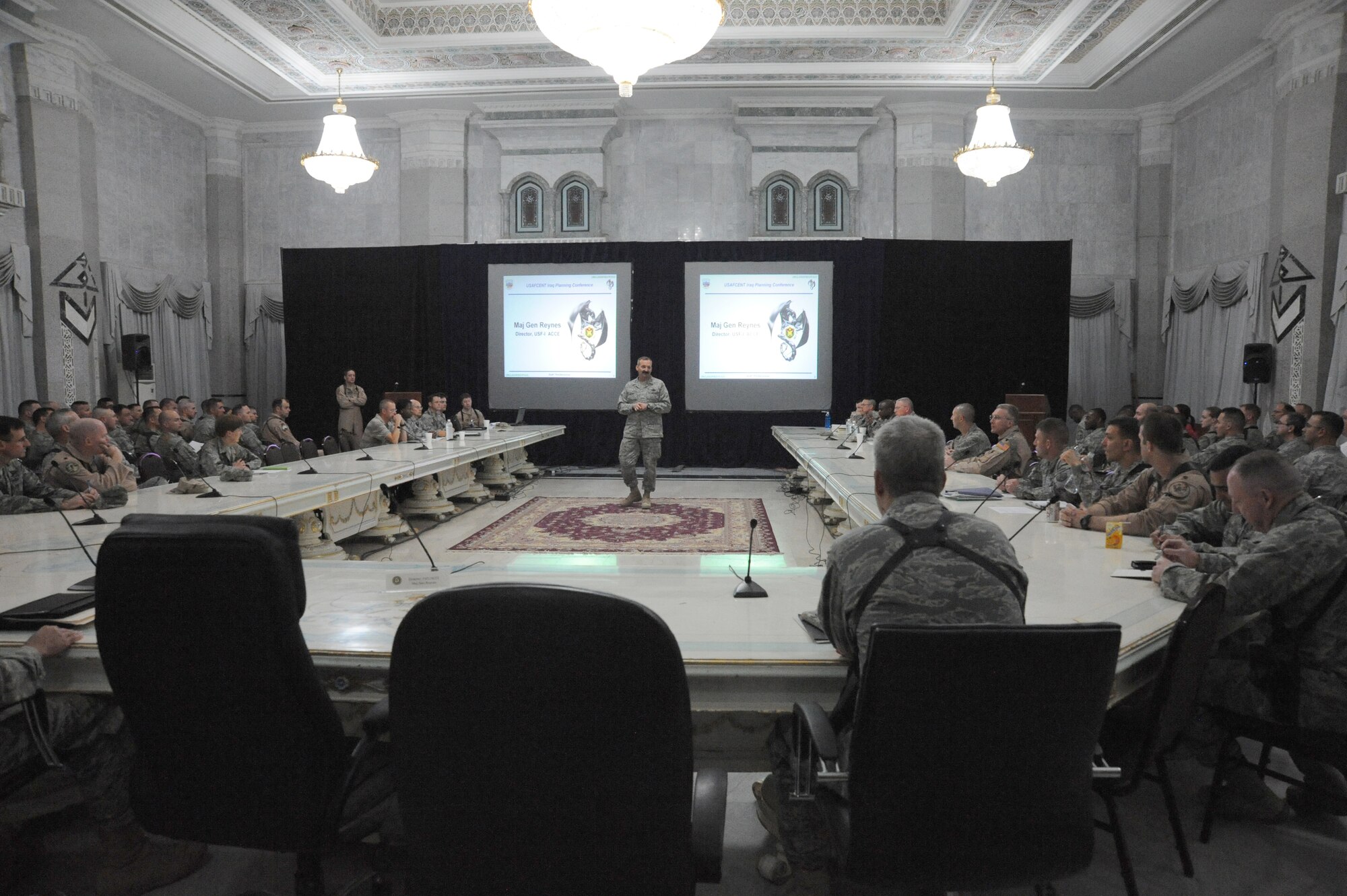 U.S. Air Force Maj. Gen. Joseph Reynes, Jr., Director, Air Component Coordination Element, provides opening remarks at the Air Force Central Command-Iraq Planning Conference at Al Faw Palace, Camp Victory, Iraq, May 24, 2010. The purpose of the conference is to bring United States Forces-Iraq and Air Force Central Command planners together to discuss the Air Force's role during U.S. forces transition from full spectrum operations to stability operations. (U.S. Air Force photo/Master Sgt. Trish Bunting/Released)