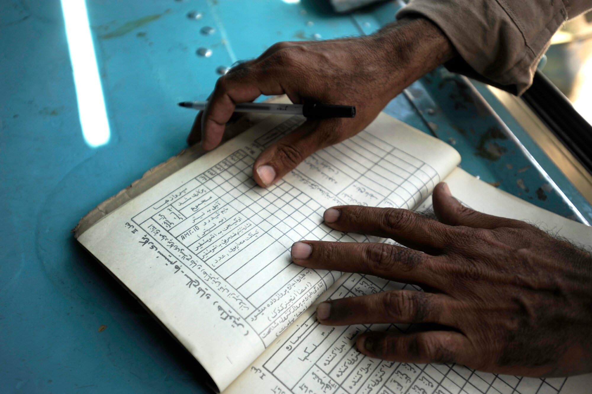 An Afghan National Army Air Corps soldier annotates the pre-flight inspection findings on an Mi-35 Hind E helicopter, prior to take off for a live-fire mission May 11, 2010, at Kabul International Airport, Afghanistan. (U.S. Air Force photo/ Staff Sgt. Manuel J. Martinez/released)
