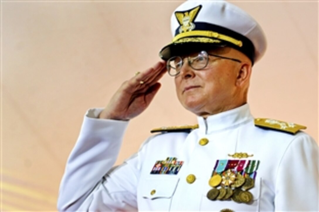 Incoming U.S. Coast Guard Commandant Adm. Robert J. Papp Jr. salutes the audience during the U.S. Coast Guard Change of Command Ceremony on Fort Lesley J. McNair in Washington, D.C., May 25, 2010.  Papp relieved Coast Guard Adm. Thad W. Allen, who is retiring after 38 years of service.
