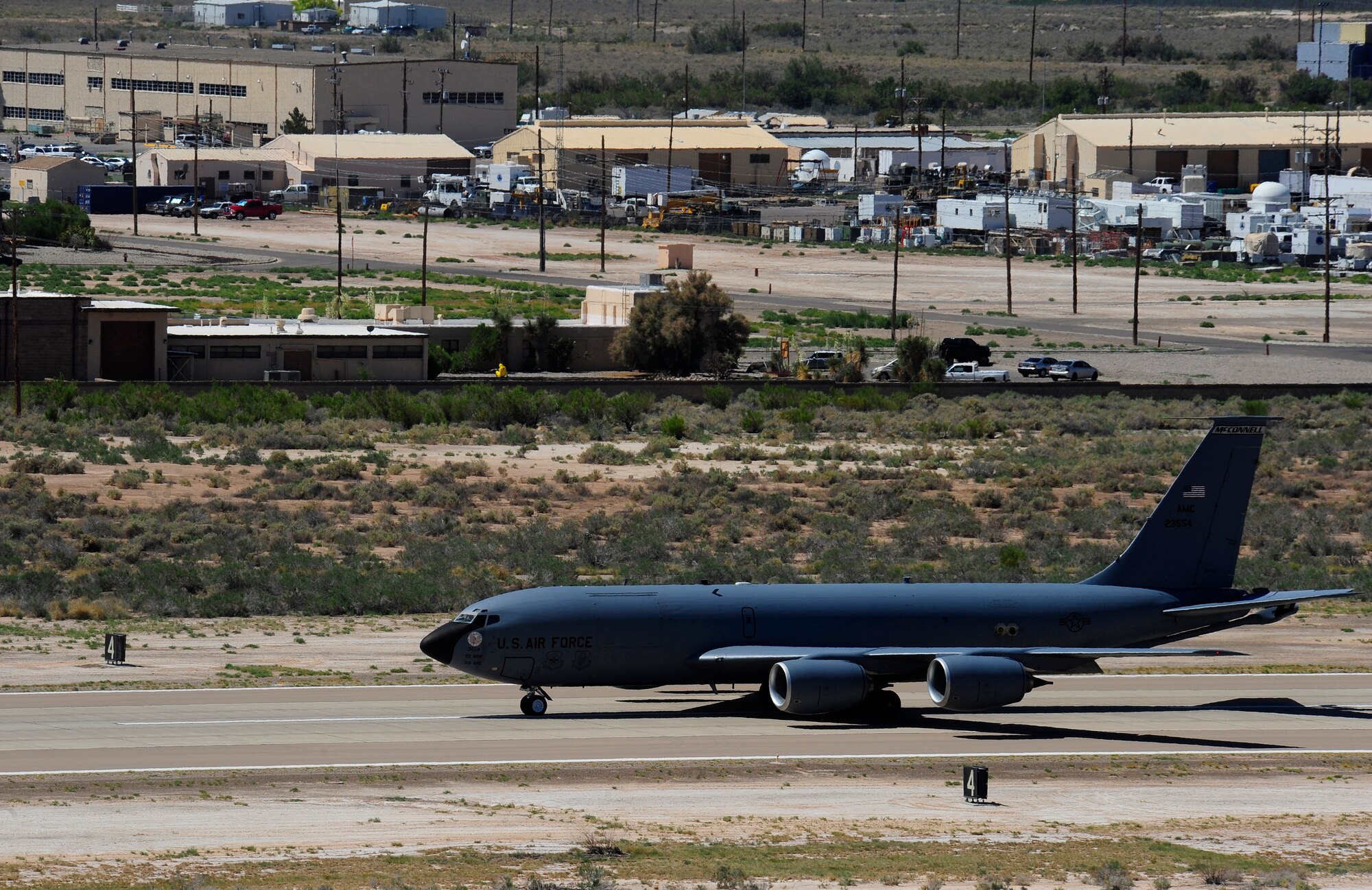 HOLLOMAN AIR FORCE BASE, N.M. -- A KC-135 Stratotanker taxis down the runway May 24, 2010. Crew members from McConnell Air Force Base, Kan., along with refueling aircraft, support Team Holloman in a deployment to Kadena Air Base, Japan in support of U.S. Pacific Command's Theater Security Package. As part of continuing force posture adjustments to address worldwide requirements, the United States continues to deploy additional forces throughout the Western Pacific. (U.S. Air Force photo/Senior Airman Tiffany Trojca / Released)
