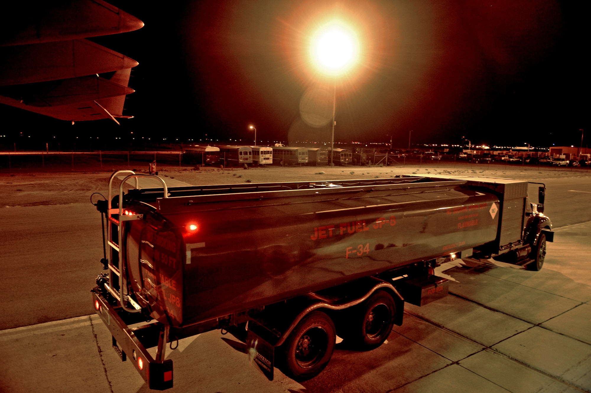 HOLLOMAN AIR FORCE BASE, N.M. -- An R-11 fuels truck sits at the tarmac of the Basic Expeditionary Airfield Resources compound, preparing to refuel a C-17 Globemaster from McChord Air Force Base, Wash., May 22, 2010. The C-17 carried cargo from Holloman to Kadena Air Base, Japan, in support of a recent deployment. Team Holloman members deployed in support of U.S. Pacific Command's Theater Security Package.  (U.S. Air Force photo by Staff Sgt. Anthony Nelson Jr. / Released)
