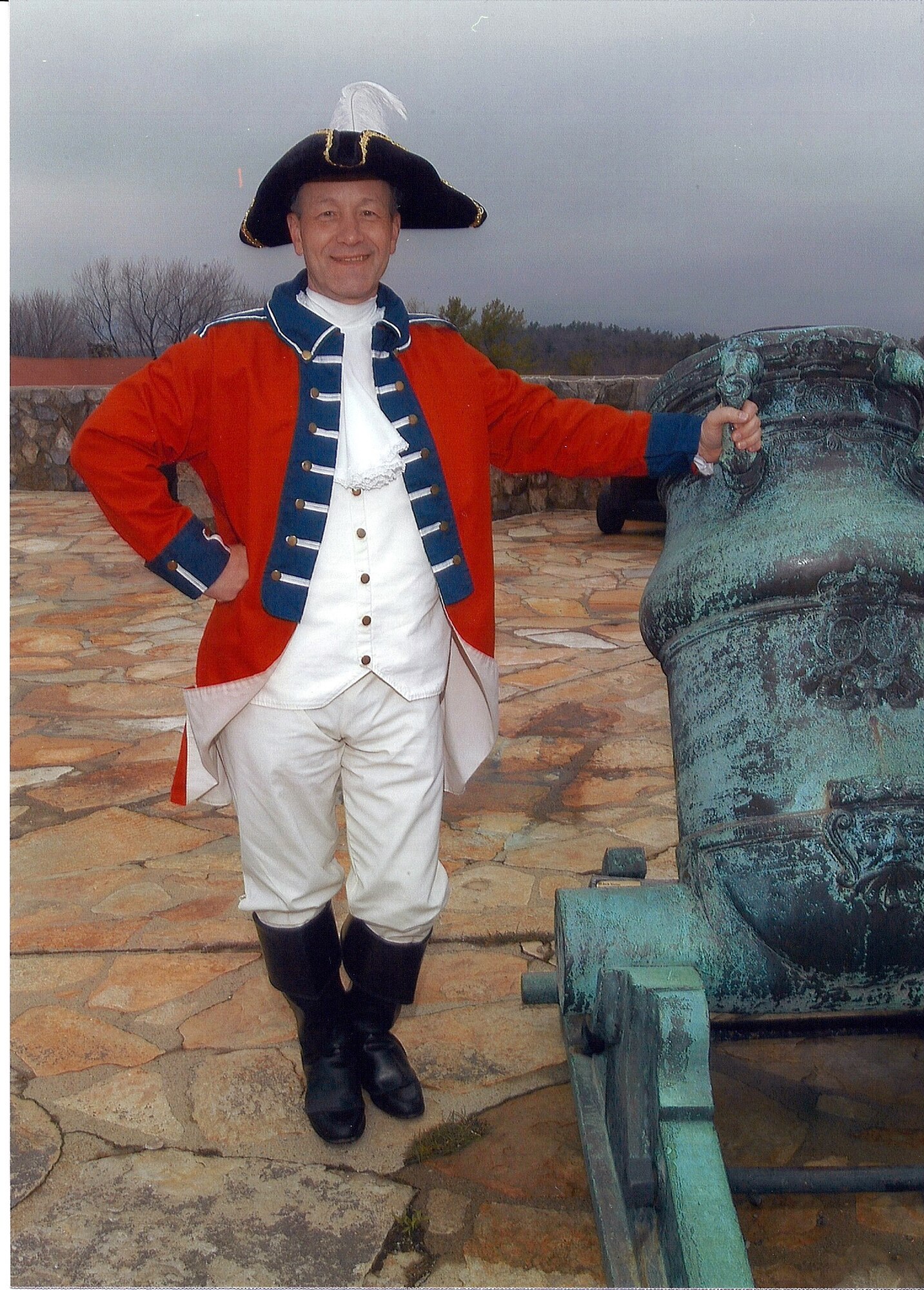 Maj. Gen. Eric Crabtree, dressed as Revolutionary War officer General John Burgoyne, poses on a field trip to Ft Ticonderoga and Saratoga Revolutionary War battlefields.  He was assigned the character to portray as part of the National Security Manager's Course.  Maj. Gen. Crabtree is commander, Headquarters Fourth Air Force, March Air Reserve Base, Calif.  (Courtesy photo)