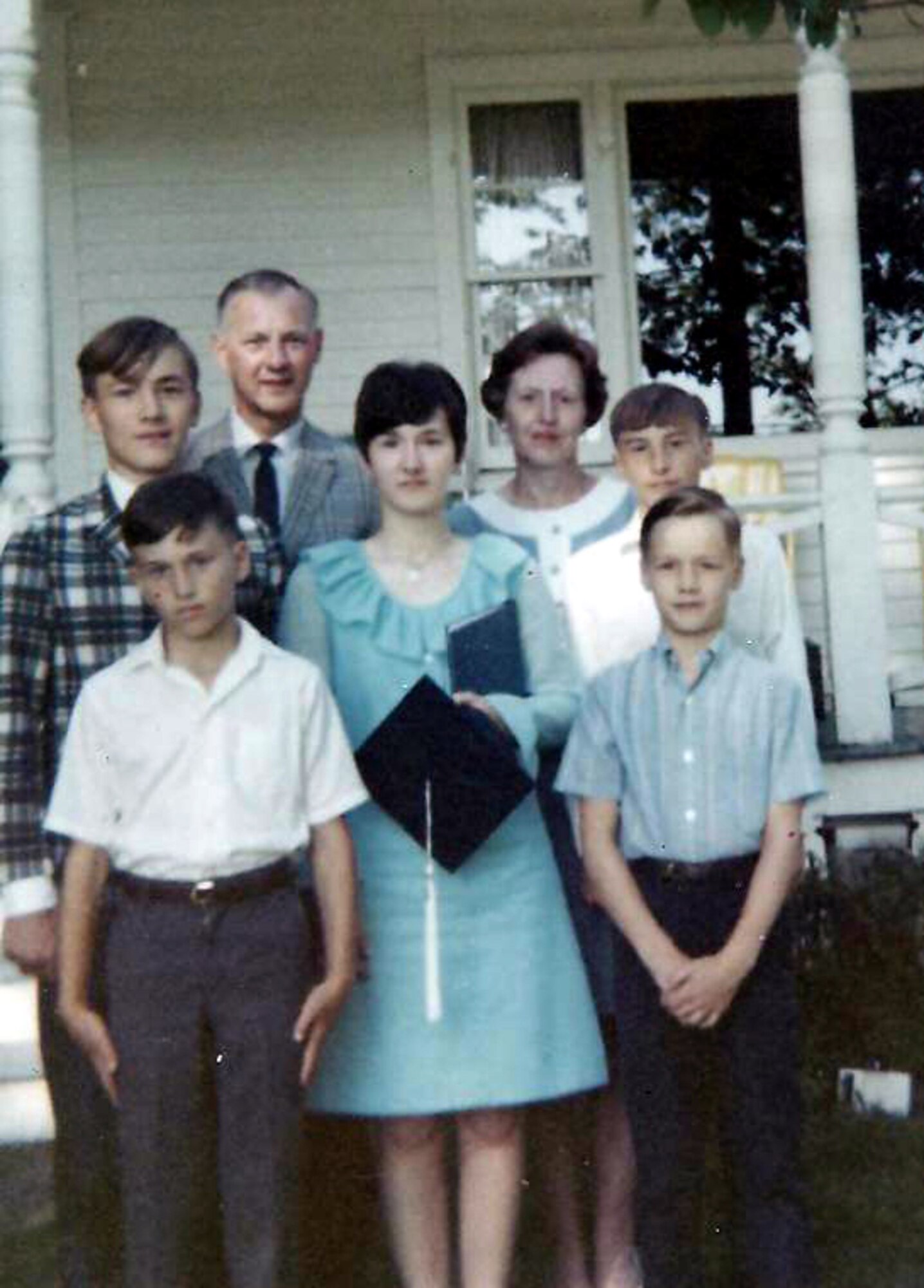 Eric, Wendell, Ruth, Gary (back l-r), Scott, Janis and Tim Crabtree (front l-r) at their Cassadaga, N.Y. lakefront home following Janis' graduation in the late 60s.  Maj. Gen. Eric Crabtree is now commander, Headquarters Fourth Air Force, March Air Reserve Base, Calif.  (Courtesy photo)