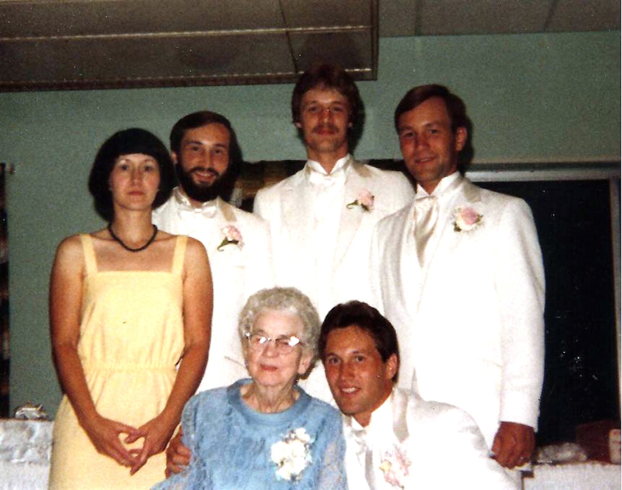 Standing from left:  Janis , Gary, Tim, Eric, (sitting) Mamie and Scott Crabtree at Scott's wedding in 1982.  Mamie is the Crabtree sibling's grandmother.  (Courtesy photo)