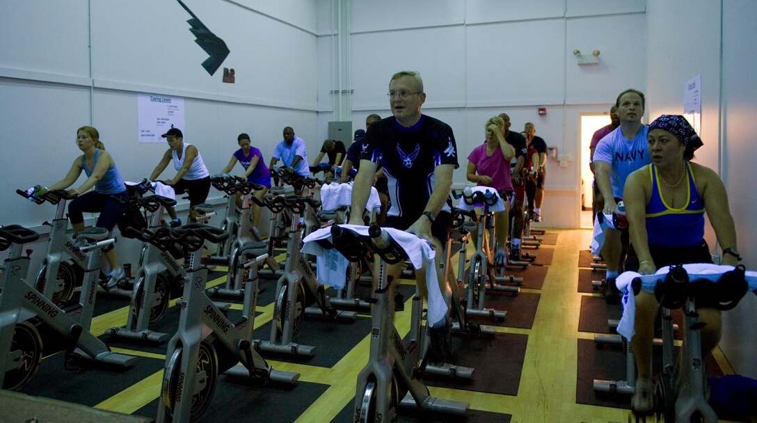 LANGLEY AIR FORCE BASE, Va. -- Participants of the 2010 Spinathon cool down at the Shellbank Fitness Center May 22.  The event was held as part of Fitness Month and members who completed a minimum of two hours received a T-shirt.  (U.S. Air Force photo/Senior Airman Zachary Wolf) 