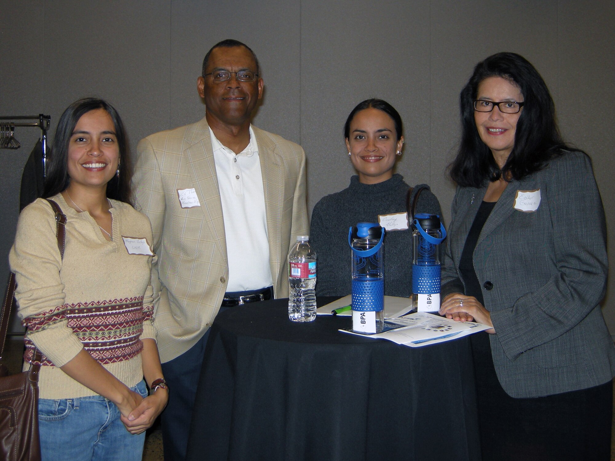 Air Force Nuclear Weapons Center Commander, Brig. Gen. Everett Thomas and Esther Gomez, right, AFNWC director of Manpower and Personnel, with attendees at a career opportunity event May 7 at the National Museum of Nuclear Science and History. Photo by Marie Vanover