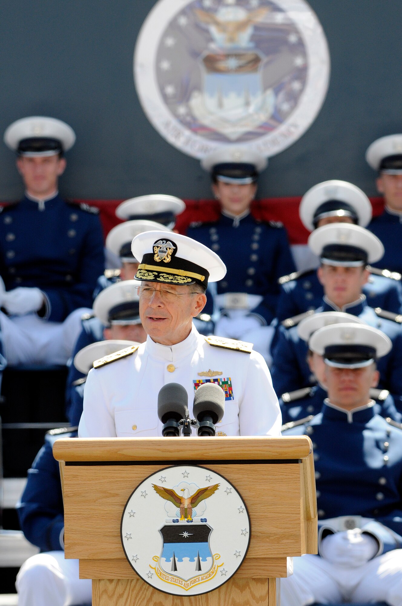 Navy Adm. Mike Mullen addresses the Air Force Academy's Class of 2010 and guests during the Academy's 2010 Graduation in Falcon Stadium May 26. Admiral Mullen is the 17th chairman of the Joint Chiefs of Staff and the first Joint Chiefs chairman to deliver the Academy's commencement address. (U.S. Air Force photo/J. Rachel Spencer)