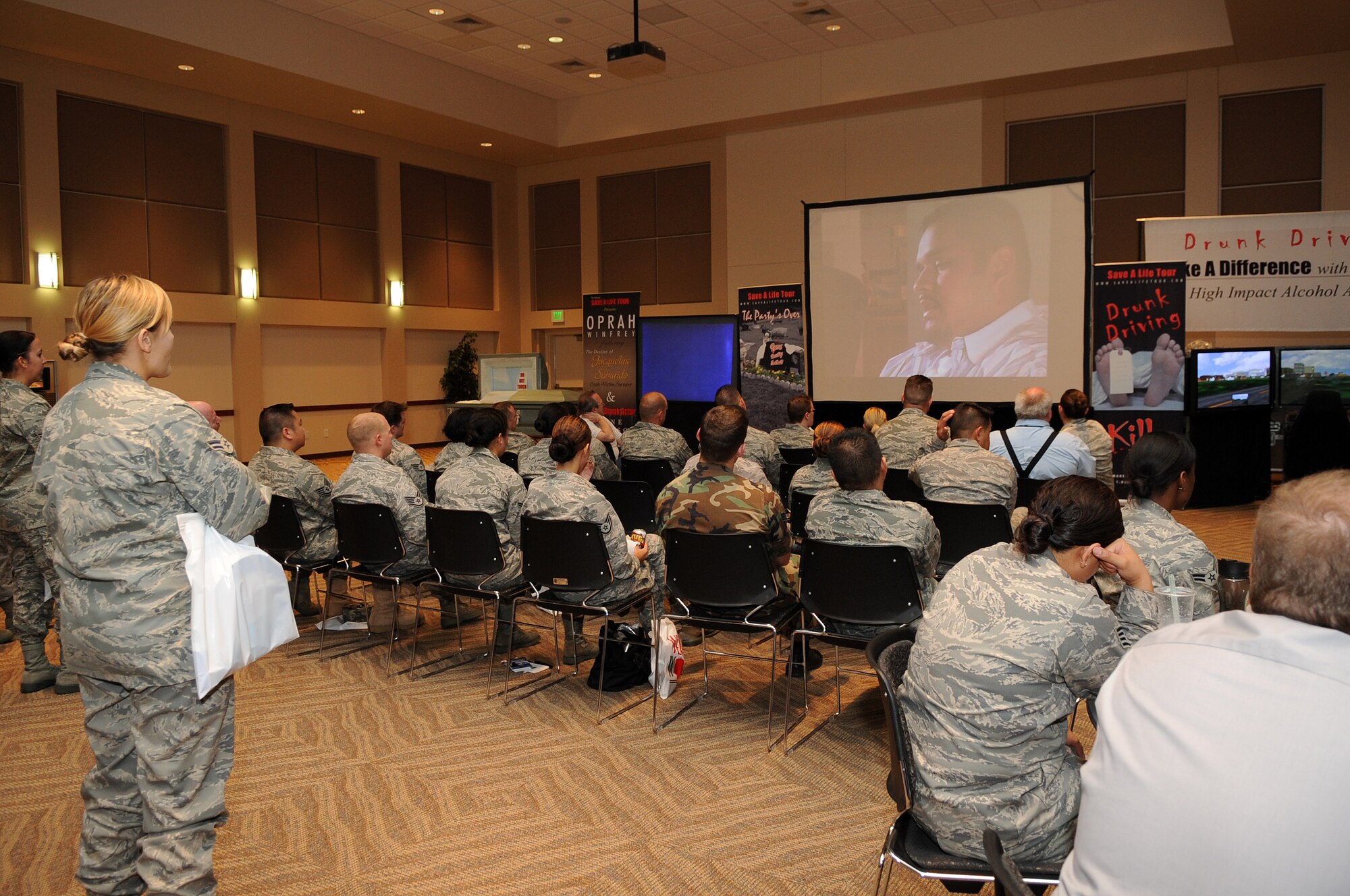 BUCKLEY AIR FORCE BASE, Colo.-- Team Buckley watches testimonies and footage from car accidents and car accident victims May 20. ( U.S. Air Force Photo by Airman 1st Class Marcy Glass )