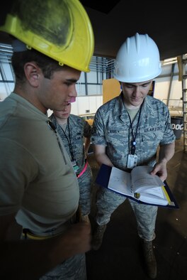 U.S. Air Force Airman Juan Romero and Staff Sgt. Brian Kisely, 86th Maintenance Squadron isochronal crew chiefs, check over a C-130J manual during an isochronal inspection, Ramstein Air Base, Germany, May 26, 2010. This is the first C-130J all active duty isochronal inspection done in the Air Force. (U.S. Air Force Photo by Airman 1st Class Caleb Pierce)