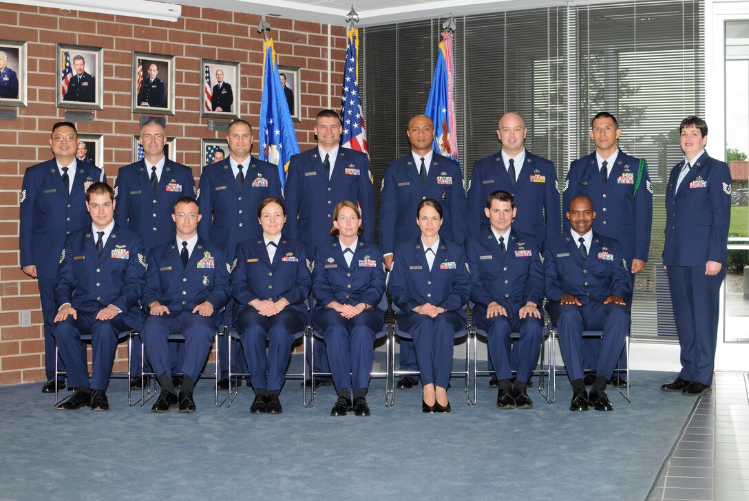 McGHEE TYSON AIR NATIONAL GUARD BASE, Tenn. -- NCO Academy Class 10-5, I-Flight, gathers at The I.G. Brown Air National Guard Training and Education Center here, May 3, 2010. L-R front row are individual unidentified;Tech. Sgt. Kevin A. Wilson; Tech. Sgt. Amy I. Gunnerson; Tech. Sgt. Tonya S. Baker; Tech. Sgt. Damaris Santiago-Santiago; Tech. Sgt. Eric W. Blevins; Tech. Sgt. Errington S. Lindo, Jr.; (L-R back row) Tech. Sgt. Rhodello F. Nuval; Tech. Sgt. William J. Doulin, Jr.; Tech. Sgt. Cleve M. Burt; Tech. Sgt. Caleb A. Gettman; Tech. Sgt. Frank K. Mamea; Tech. Sgt. Osten L. Coaty; Tech. Sgt. Francisco N. Corona; and Tech. Sgt. Danielle Holloway, instructor. (U.S. Air Force photo by Master Sgt. Kurt Skoglund/Released)