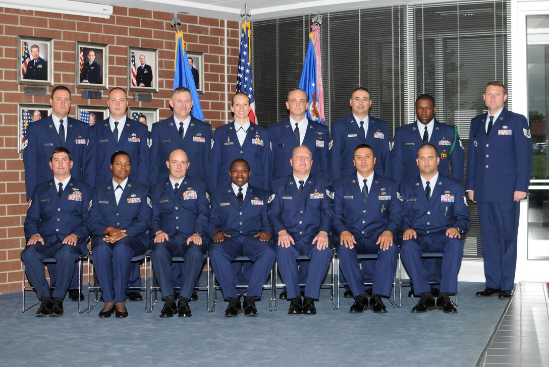 McGHEE TYSON AIR NATIONAL GUARD BASE, Tenn. -- NCO Academy Class 10-5, D-Flight, gathers at The I.G. Brown Air National Guard Training and Education Center here, May 3, 2010. L-R front row are Tech. Sgt. Lance R. Isenhour; Tech. Sgt. Beverly D. Bennett; Tech. Sgt. Aaron J. Giddens; Tech. Sgt. Dante G. Holmes; Tech. Sgt. Darryl A. Chaplin; Tech. Sgt. Arturo Vargas, Jr.; Tech. Sgt. Julio Betancourt; (L-R back row) Tech. Sgt. Brian D. Meeker; Tech. Sgt. Tommy R. Beaner; Tech. Sgt. Robert L. Cargile; Tech. Sgt. Eva K. Graney; Tech. Sgt. Jeremy A. Kifer; Tech. Sgt. Sergio E. Chaira; Tech. Sgt. Jeremee H. Tate; and Tech. Sgt. Byron Hayes, instructor. (U.S. Air Force photo by Master Sgt. Kurt Skoglund/Released)