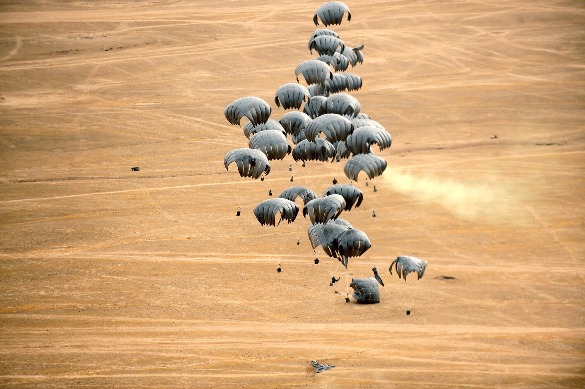 Forty container-delivery-system bundles parachute to the ground from a C-17 Globemaster III May 9, 2010, over a drop zone in Afghanistan. (U.S. Air Force photo/Staff Sgt. Manuel J. Martinez)