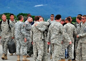 Joint Task Force-Bravo members greet Soldiers and Airmen from the 1st Battalion, 228th Aviation Regiment and JTF-Bravo who returned May 24 from supporting Joint Task Force-Haiti. The 1/228th along with other members of JTF-Bravo deployed in the middle of March from Soto Cano Air Base, Honduras to support JTF-Haiti, the U.S. military support unit for Operation Unified Response. (U.S. Air Force photo/Staff Sgt. Bryan Franks)