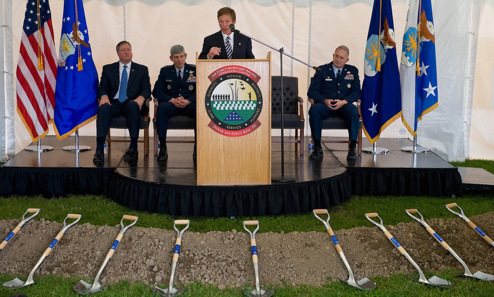 Kenneth Fisher, Fisher House Foundation chairman, tells those in attendance at the groundbreaking ceremony for the new Fisher House and meditation pavilion for the families of the fallen at Dover Air Force Base, Del., that this Fisher House is for the true heroes. The Honorable Michael B. Donley, secretary of the Air Force, Gen. Norton A. Schwartz, Air Force chief of staff, and Mr. Fisher presided over the groundbreaking ceremony  May 1. The Dover Fisher House will serve only families of the fallen and is expected to be completed by late fall 2010. A portion of President Obama's Nobel Prize Award contribution to the Foundation will go toward the funding of this house. (U.S. Air Force photo/Roland Balik)