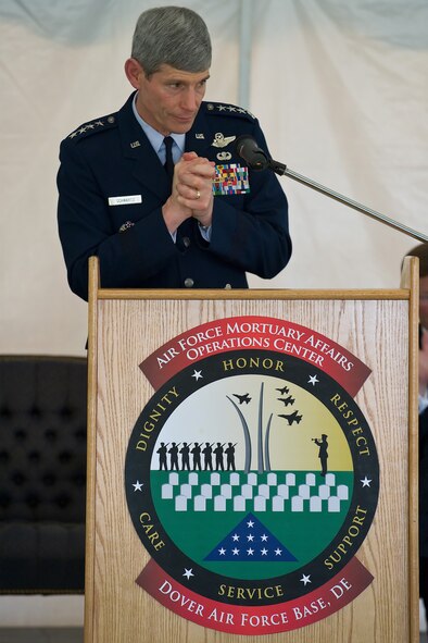 Gen. Norton A. Schwartz, Air Force chief of staff, praises the American Gold Star Mothers that were in attendance for the groundbreaking ceremony for the new Fisher House and meditation pavilion for the families of the fallen at Dover Air Force Base, Del., May 1. The Honorable Michael B. Donley, secretary of the Air Force, General  Schwartz and Mr. Kenneth Fisher, Fisher House Foundation chairman, presided over the ceremony.  The Dover Fisher House will serve only families of the fallen and is expected to be completed by late fall 2010. A portion of President Obama's Nobel Prize Award contribution to the Foundation will go toward the funding of this house. (U.S. Air Force photo/Roland Balik)