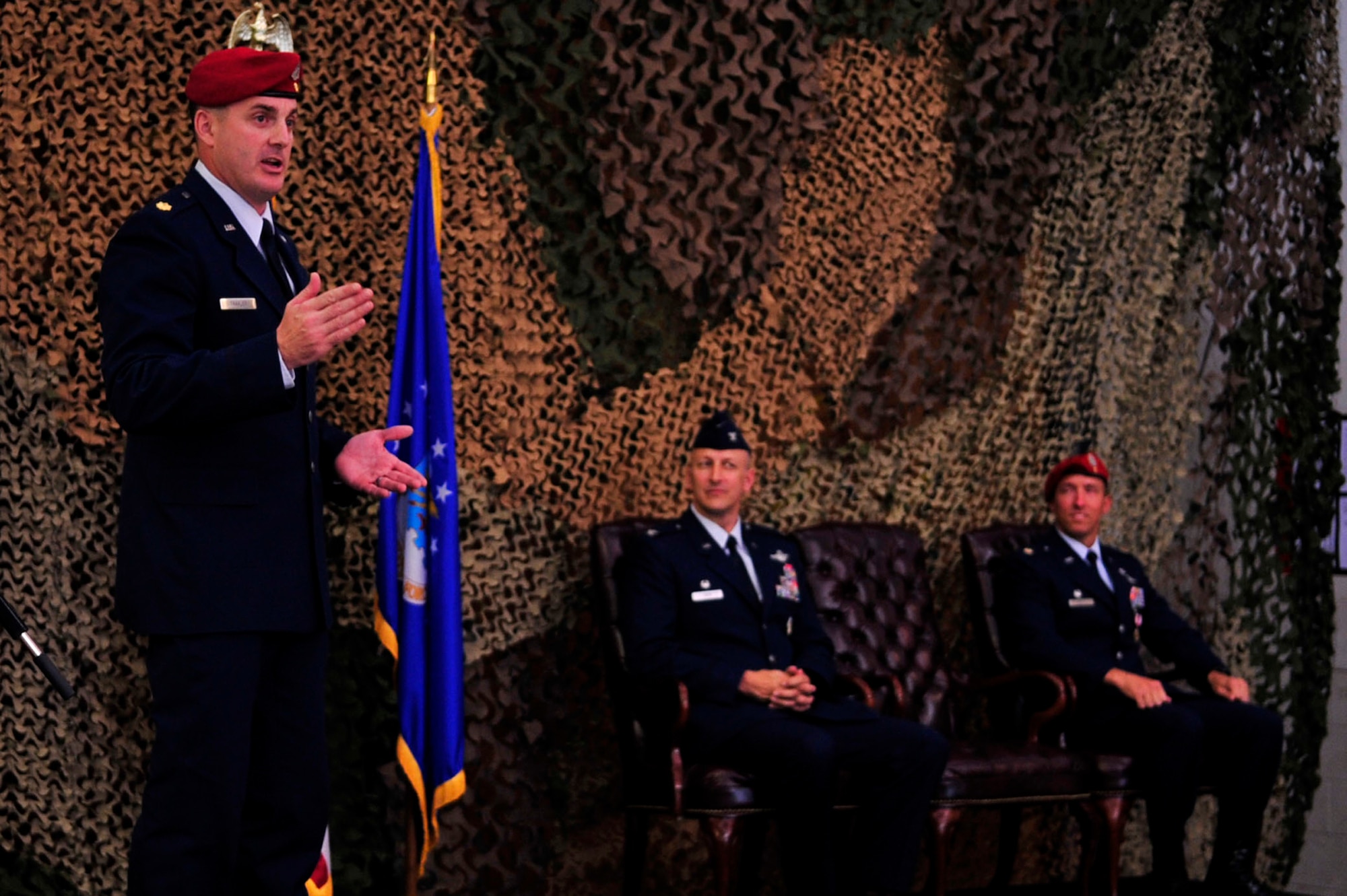 Maj. John Traxler addresses the 320th Special Tactics Squadron for the first time as the unit’s commander after a change of command ceremony May 24, 2010. 
(U.S. Air Force photo/Senior Airman Amanda Grabiec)