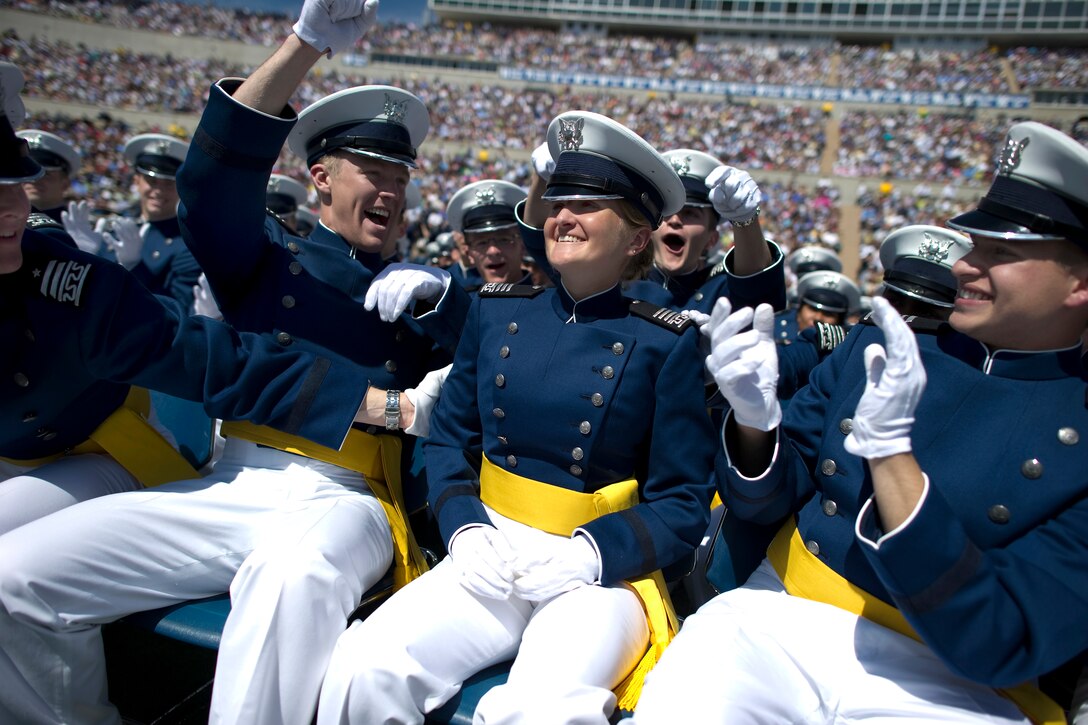 Air Force Academy cadets celebrate the achievements of Rhodes Scholar Cadet Brittany Lynn Morreale during the academy's commencement ceremonies in Falcon Stadium in Colorado Springs, Colo., May 26, 2010.