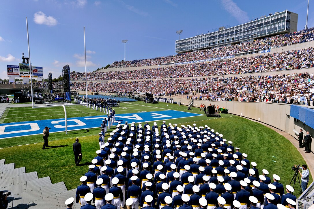The 1001 members of the graduating class of 2010 march into Falcon Stadium to start graduation ceremonies at the U.S. Air Force Academy in Colorado Springs, Colo., May 26, 2010.U.S. 