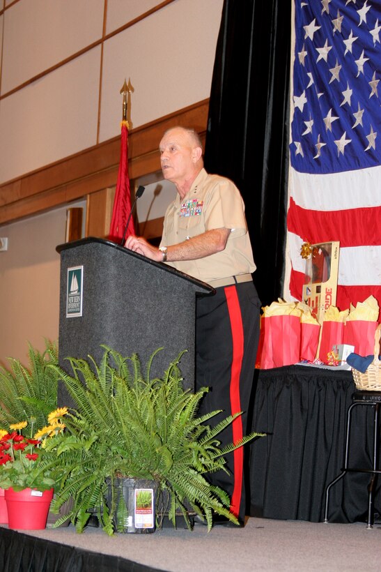 Lt. Gen. Dennis Hejlik, the II Marine Expeditionary Force commanding general, welcomes the Marines and Sailors to the Heroes and Healthy Families Leadership Awareness Conference at the New Bern Convention Center, May 26.