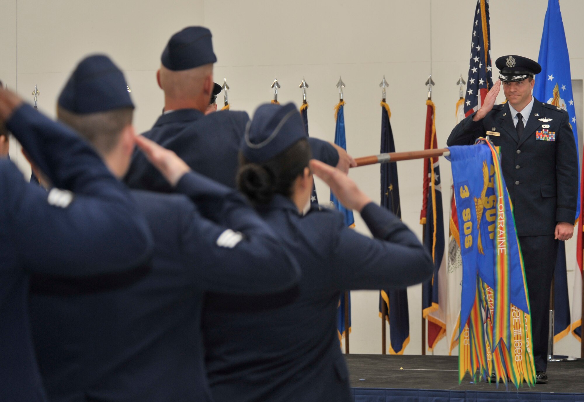 The 3rd Special Operations Squadron renders its first salute to Lt. Col. Stewart Hammons, 3rd Special Operations Squadron commander, during a change of command ceremony, May 27. The 3rd Special Operations Squadron plans, prepares and executes MQ-1B Predator missions that support Special Operations Forces.  (U.S. Air Force photo by Staff Sgt. Heather R. Redman)
