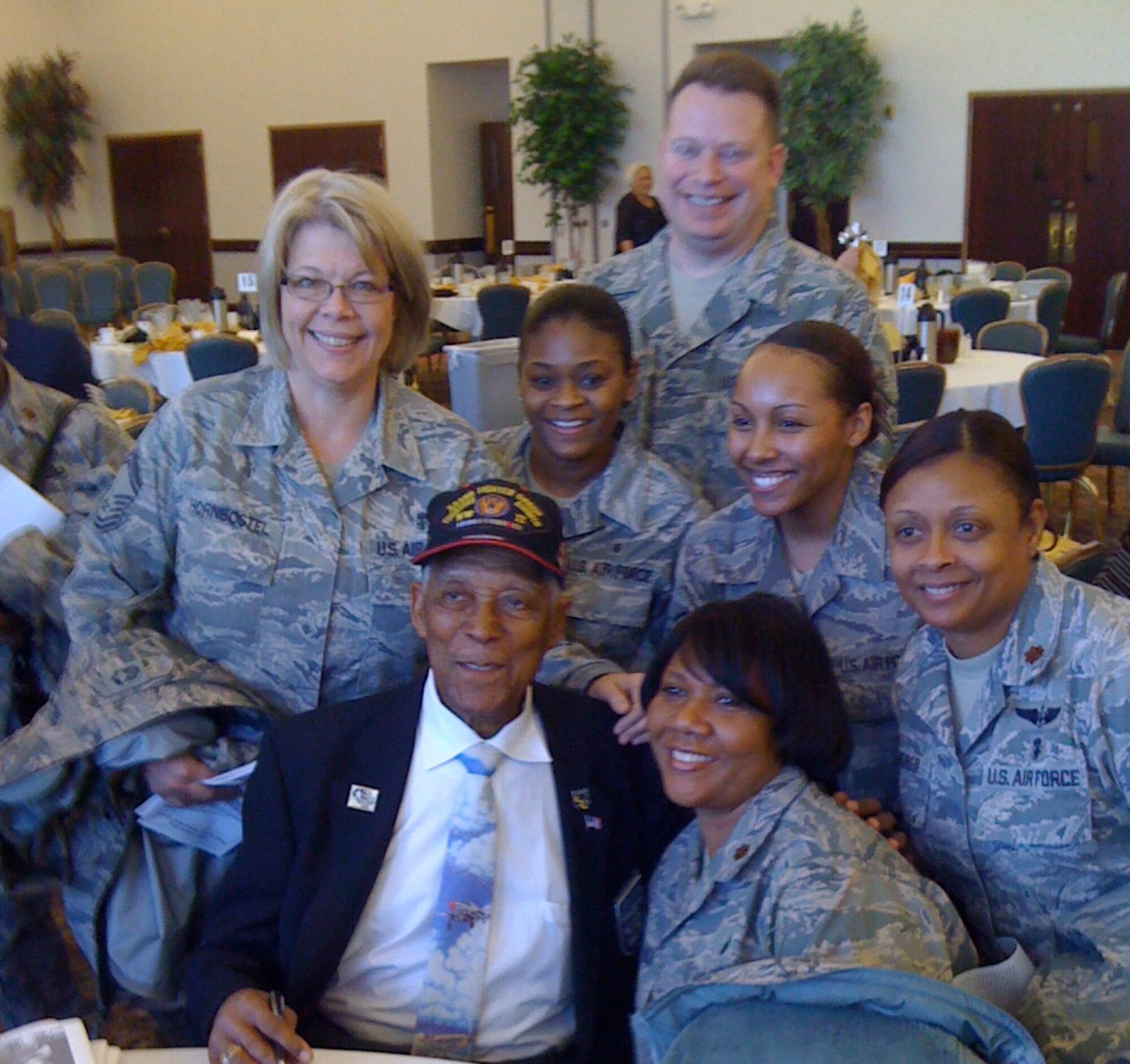 Members of the 932nd Medical Group attended the Tuskegee Airman luncheon and were honored to meet retired Tech. Sgt. George Watson, Sr., one of the original Tuskegee Airmen.  (Photo submitted)