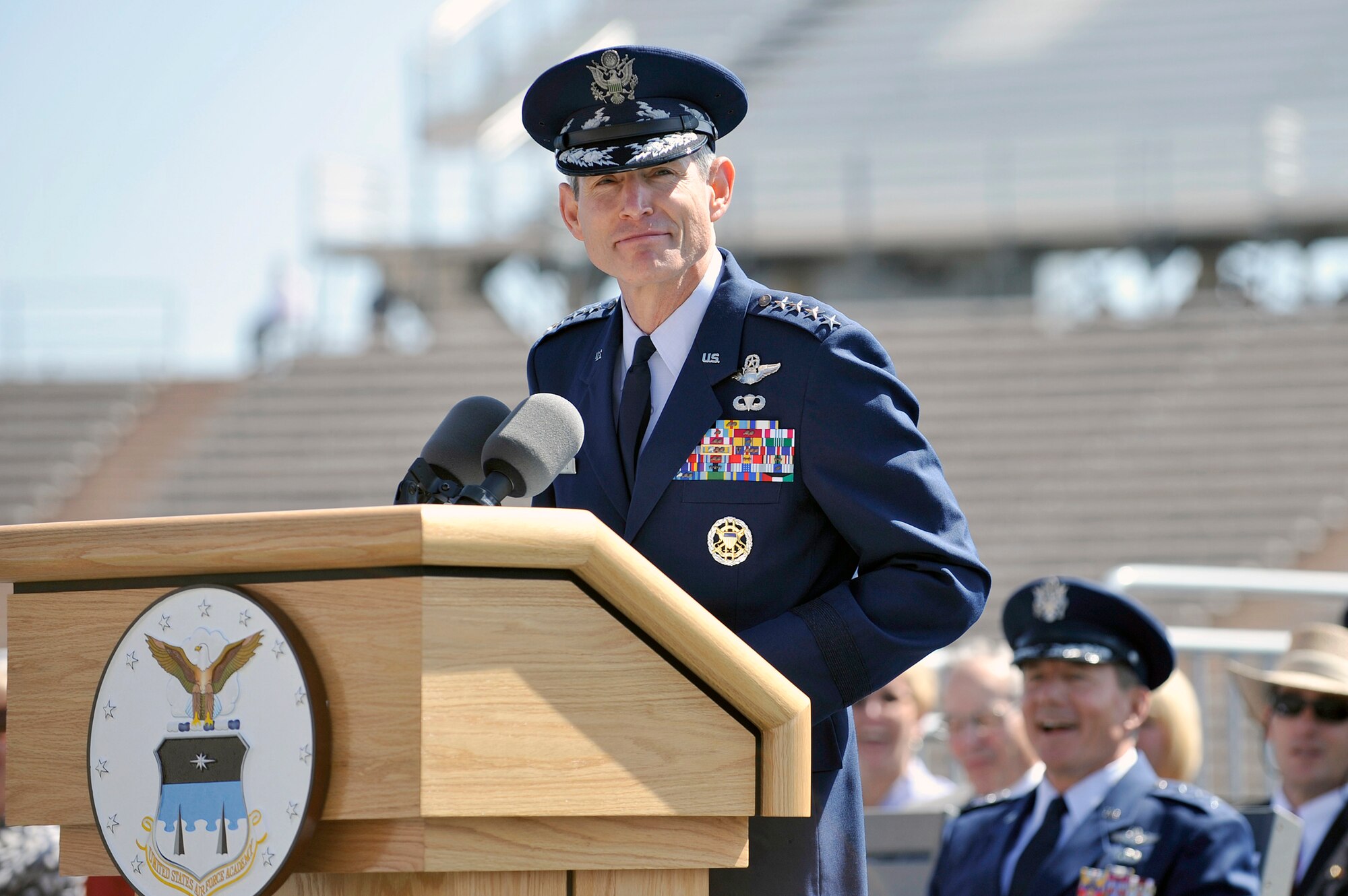 Gen. Norton Schwartz introduces the commencement speaker Navy Adm. Mike Mullen during the class of 2010 graduation ceremonies May 26, 2010, at the U.S. Air Force Academy, Colo. Admiral Mullen is the chariman of the Joint Chiefs of Staff. General Schwartz is the Air Force chief of staff. (U.S. Air Force photo/Bill Evans)