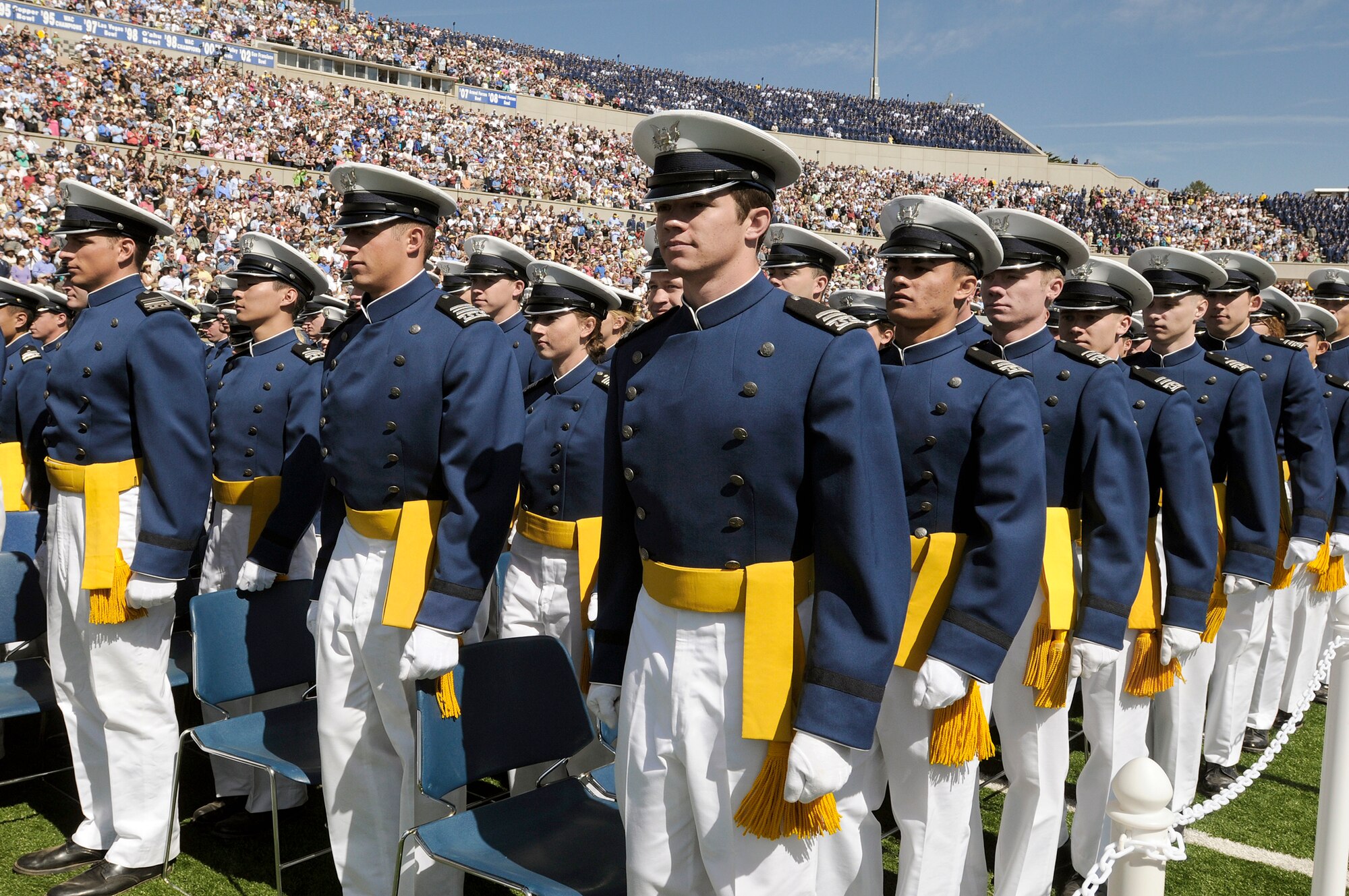 Class of 2010 graduates march into Falcon Stadium to start graduation ceremonies May 26, 2010, at the U.S. Air Force Academy, Colo. (U.S. Air Force photo/Bill Evans)