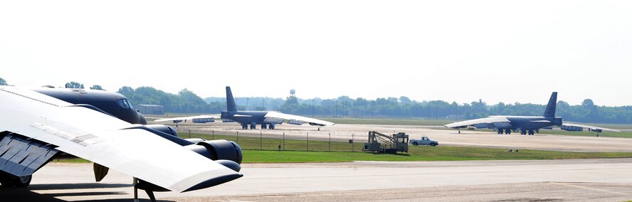BARKSDALE AIR FORCE BASE, La. – Three B-52H Stratofortresses taxi to the runway during a Nuclear Operational Readiness Exercise held here May 25. This is Barksdale’s second NORE of three before a Nuclear Operational Readiness Inspection slated for late June. (U.S. Air Force photo by Senior Airman Joanna M. Kresge)