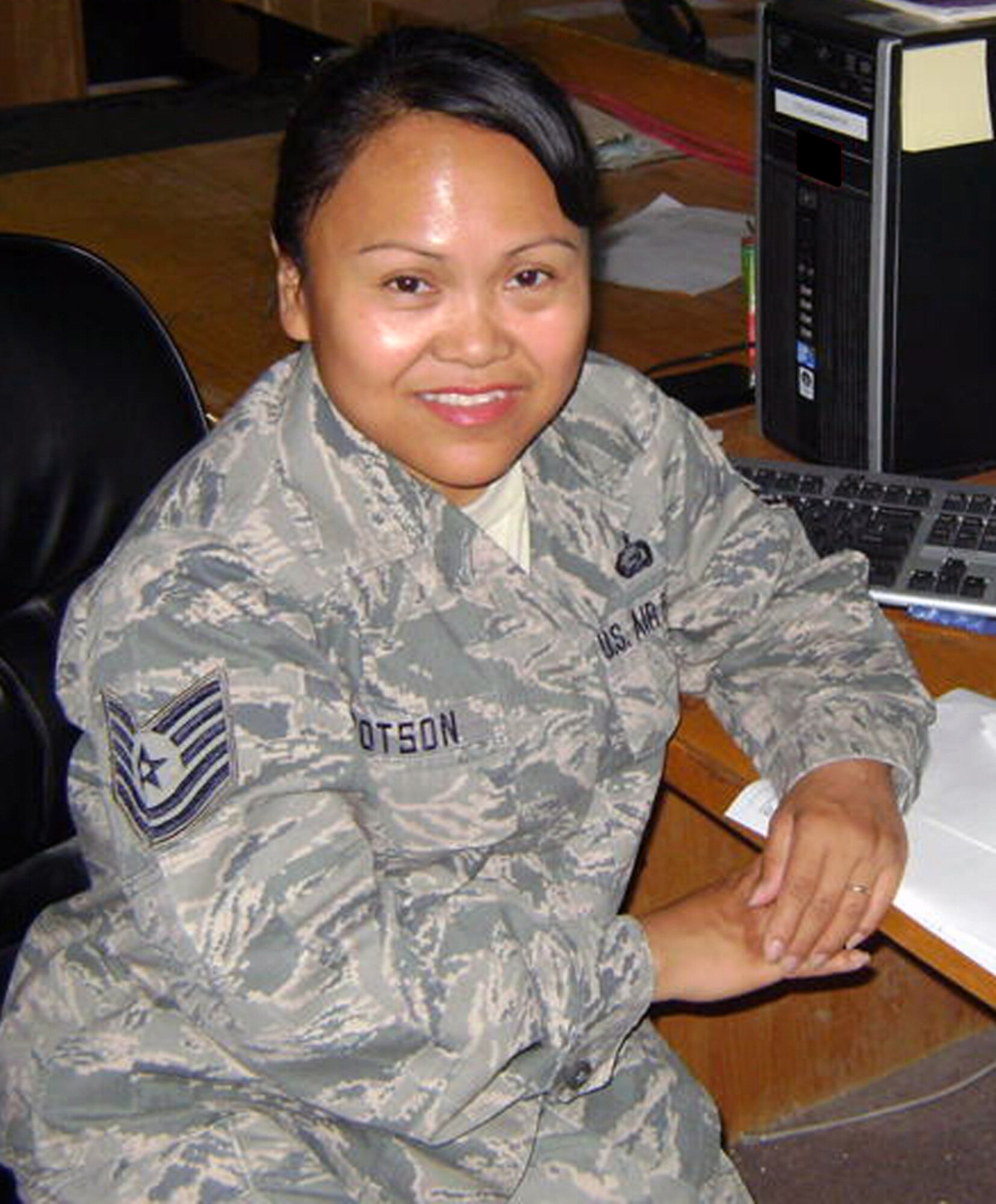 Tech. Sgt. Leonida Dotson, the NCO in charge of intra-theater operations for the 586th Air Expeditionary Group's Task Force Gateway, was the 386th Air Expeditionary Wing's Rock Solid Warrior for the week of May 17-21, 2010. Sergeant Dotson is deployed from the Air Force Academy's Department of Personnel. (U.S. Air Force photo)